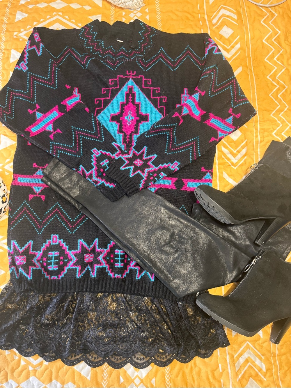 Black Sweater Dress with Pink & Teal Pattern
